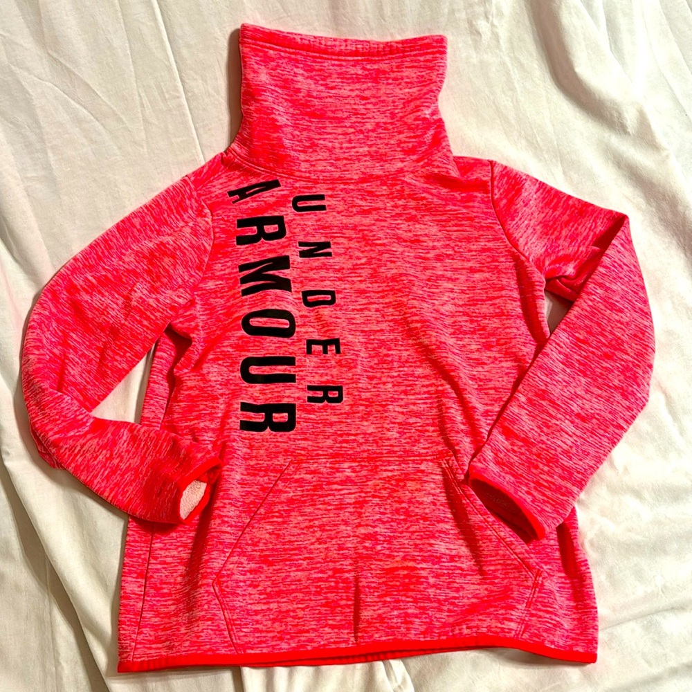 Women’s under Armour, cold gear sweatshirt, orange, pink white size medium neck